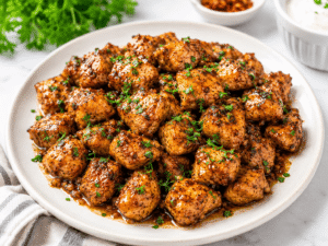 Finished Butter Garlic Chicken Bites served warm on a white plate with a rich garlic butter glaze and parsley garnish.