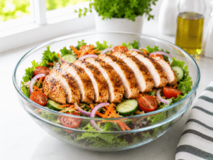 Sliced grilled chicken arranged on top of a fresh mixed green salad with vegetables