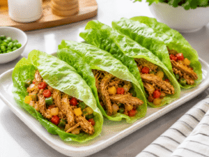 Finished chicken lettuce wraps folded and ready to serve on a white plate with colorful vegetables and shredded chicken.