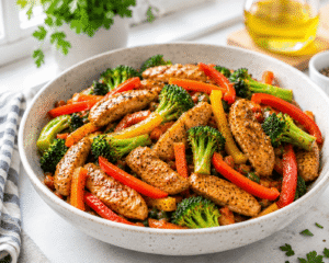Freshly served Chicken Veggie Bowl with juicy chicken, broccoli, carrots, and bell peppers on a white serving plate.