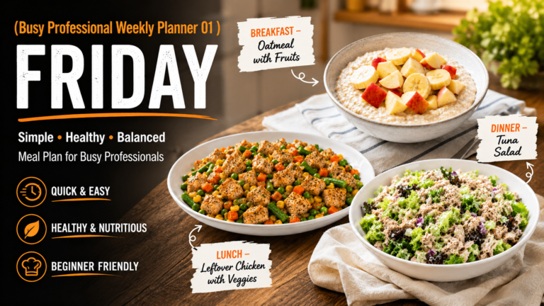 Busy Professional Weekly Planner 01 Friday meal plan featuring Oatmeal with Fruits for breakfast, Leftover Chicken with Veggies for lunch, and Tuna Salad for dinner in a healthy balanced meal prep layout for busy professionals.