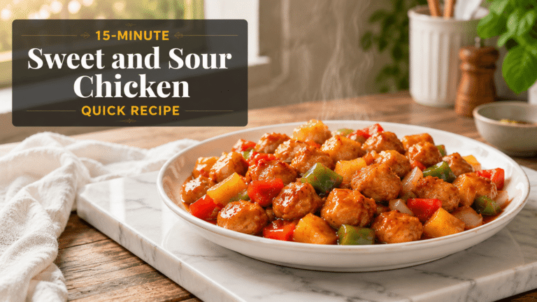 15-Minute Sweet and Sour Chicken served on a white plate with glossy sauce, pineapple chunks, bell peppers, onions, and tender chicken in a bright modern kitchen food blog scene