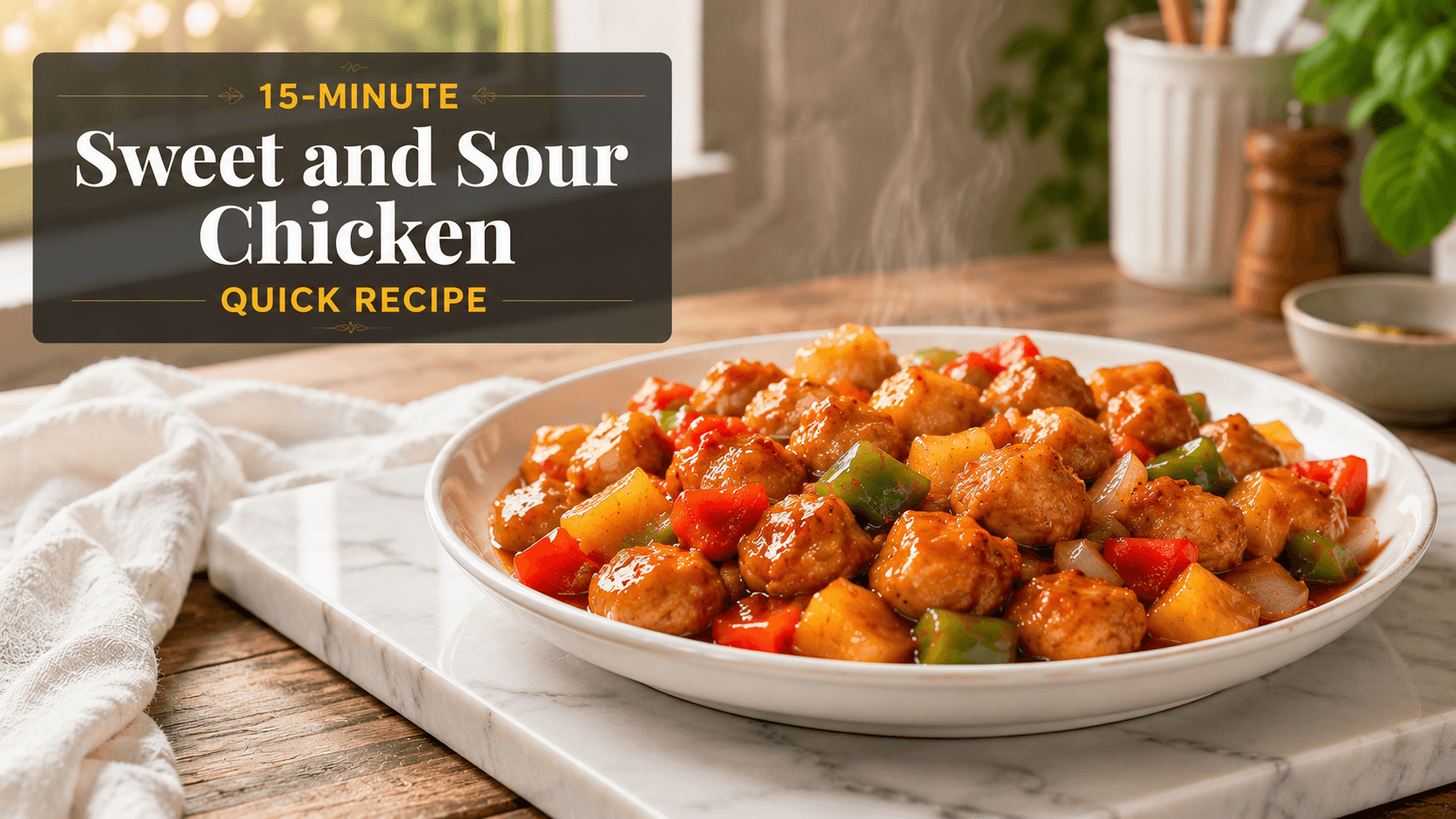 15-Minute Sweet and Sour Chicken served on a white plate with glossy sauce, pineapple chunks, bell peppers, onions, and tender chicken in a bright modern kitchen food blog scene