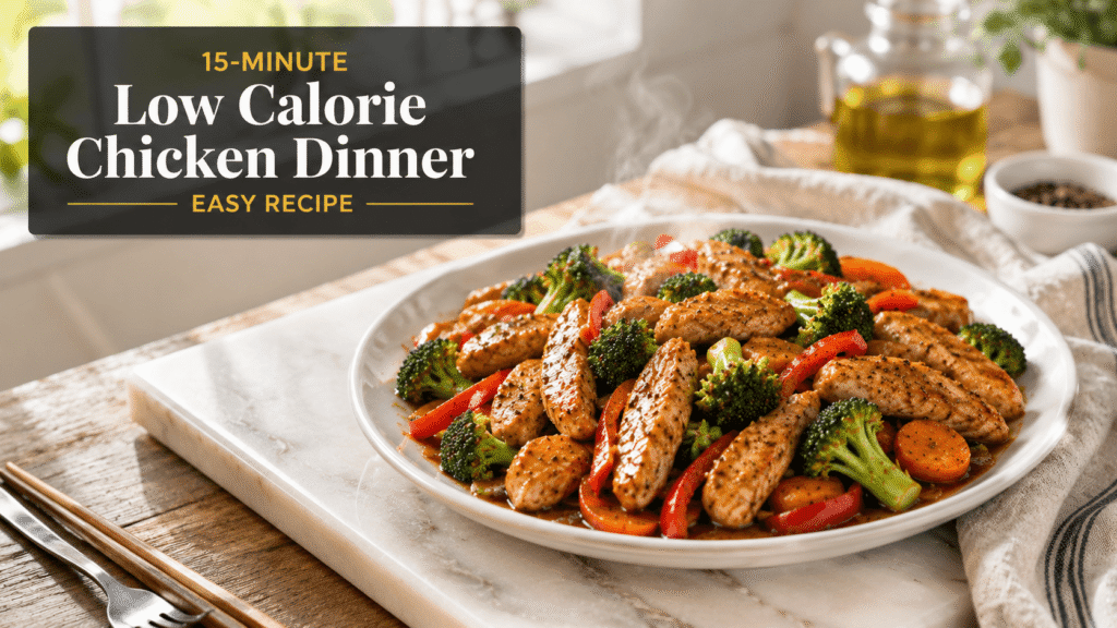 15-Minute Low Calorie Chicken Dinner with tender chicken breast, broccoli florets, bell peppers, and carrots coated in a light soy lemon sauce on a white plate, healthy low calorie meal