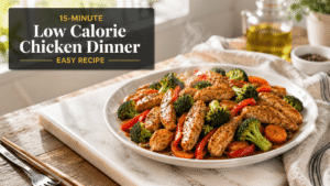 15-Minute Low Calorie Chicken Dinner with tender chicken breast, broccoli florets, bell peppers, and carrots coated in a light soy lemon sauce on a white plate, healthy low calorie meal