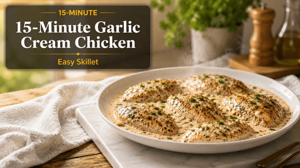Creamy garlic chicken served on a white plate with rich parmesan sauce and parsley garnish in a bright modern kitchen with natural sunlight and elegant food blog styling.