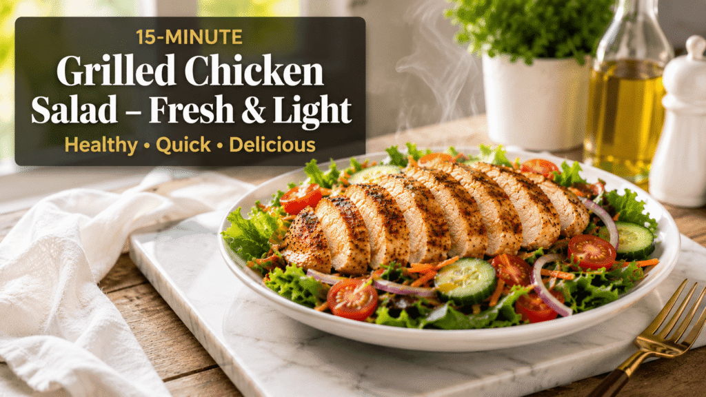 15-Minute Grilled Chicken Salad with sliced grilled chicken, mixed greens, cherry tomatoes, cucumber, red onion, shredded carrots, and lemon dressing served on a white plate