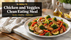 15-Minute Chicken and Veggies Clean Eating Meal plated on a white dish with tender chicken breast, broccoli florets, zucchini slices, and bell peppers finished with fresh lemon juice
