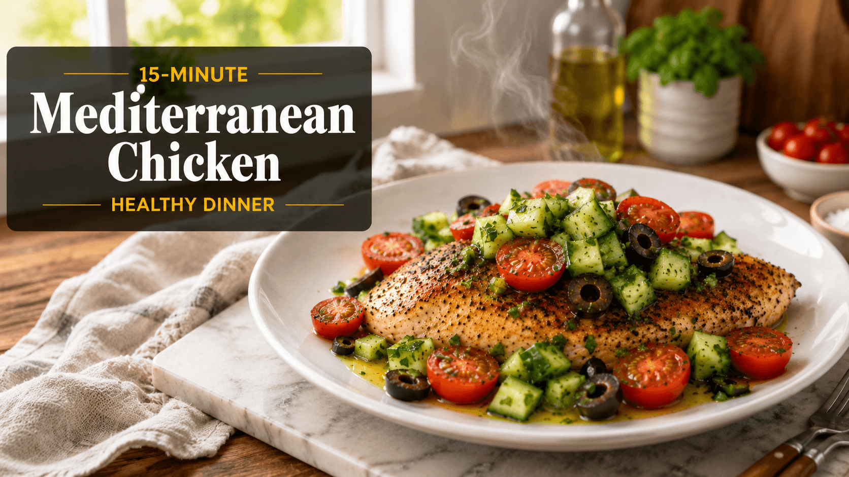 Golden Mediterranean chicken breast topped with fresh cucumber parsley mixture, cherry tomatoes, and black olives on a white plate with warm natural light and rustic kitchen styling