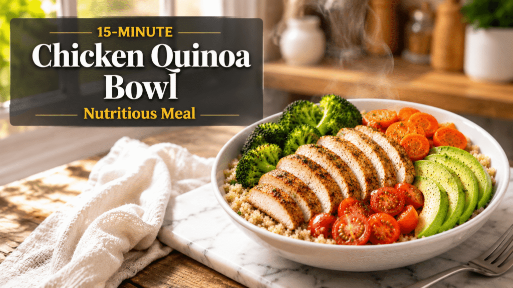 15-Minute Chicken Quinoa Bowl served with grilled chicken, quinoa, broccoli, carrots, avocado, and cherry tomatoes in a bright kitchen setting