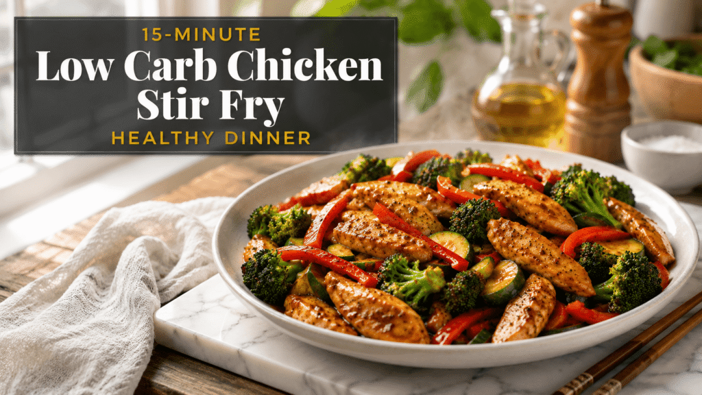 15-Minute Low Carb Chicken Stir Fry on a white plate with tender chicken, broccoli, zucchini, and red bell peppers coated in a flavorful sauce, served in a bright modern kitchen setting.