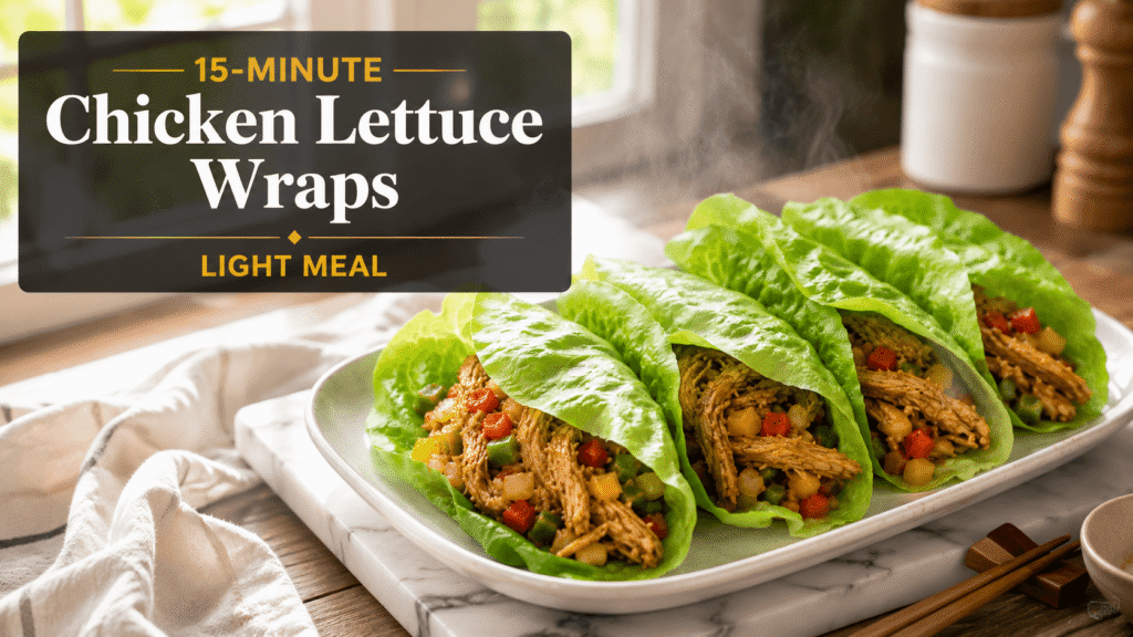 15-Minute Chicken Lettuce Wraps served on a white plate with tender shredded chicken, bell peppers, and onions wrapped in fresh lettuce leaves, photographed on a marble slab in a bright natural light kitchen setting.
