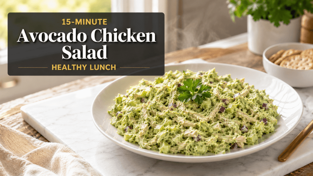 15-Minute Avocado Chicken Salad served on a white plate with creamy avocado dressing, shredded chicken, celery, and red onion in a bright natural light kitchen