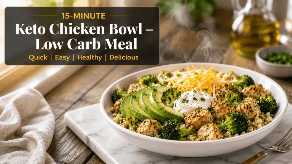 15-Minute Keto Chicken Bowl plated on a white dish with seasoned chicken, cauliflower rice, broccoli, avocado, cheese, and sour cream on a marble slab in a bright modern kitchen.