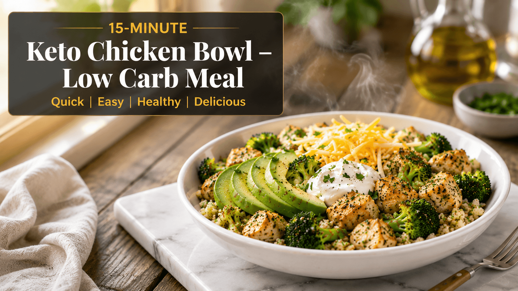 15-Minute Keto Chicken Bowl plated on a white dish with seasoned chicken, cauliflower rice, broccoli, avocado, cheese, and sour cream on a marble slab in a bright modern kitchen.