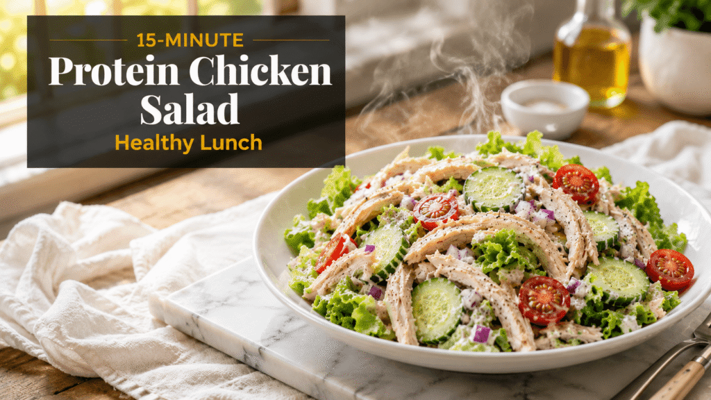 15-Minute Protein Chicken Salad healthy lunch served on a white plate with shredded chicken, lettuce, cucumber, cherry tomatoes, red onion, and creamy yogurt dressing in a bright kitchen setting.