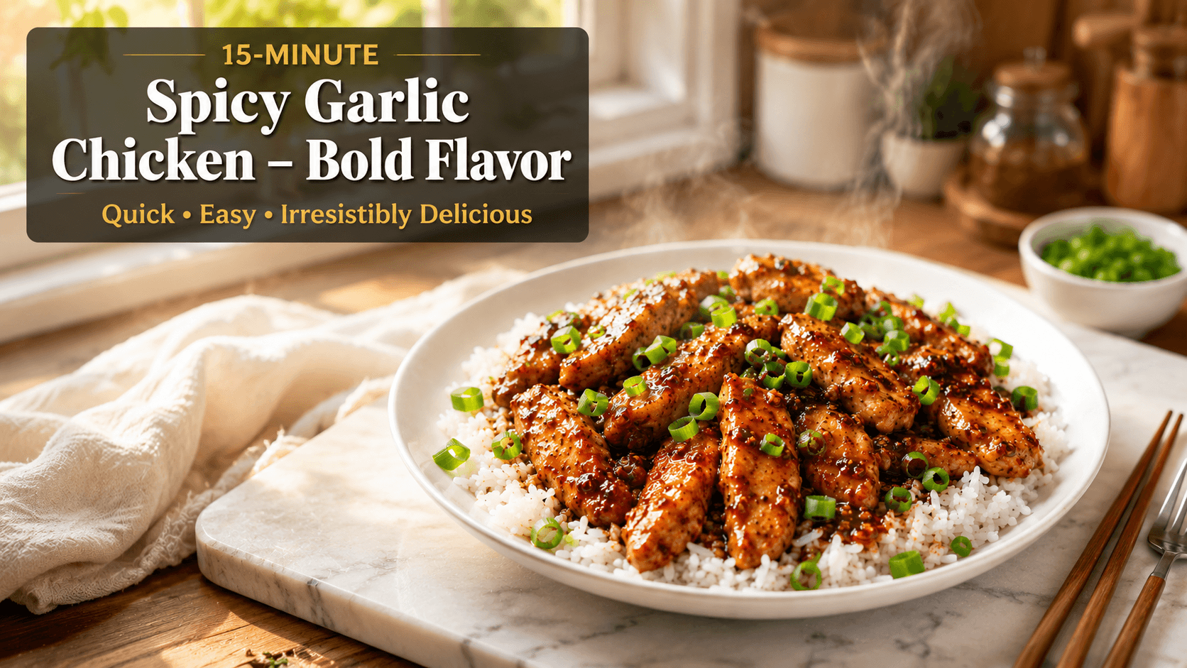Feature image of spicy garlic chicken served on white rice with glossy chili garlic sauce, fresh green onions, and steam rising in a bright modern kitchen setting.