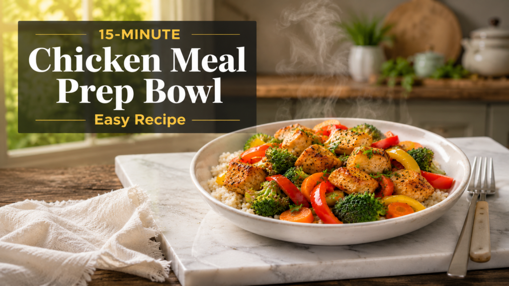 Fresh 15-Minute Chicken Meal Prep Bowl with tender chicken, bell peppers, broccoli, and grains served on a white plate in a bright natural light kitchen setting.