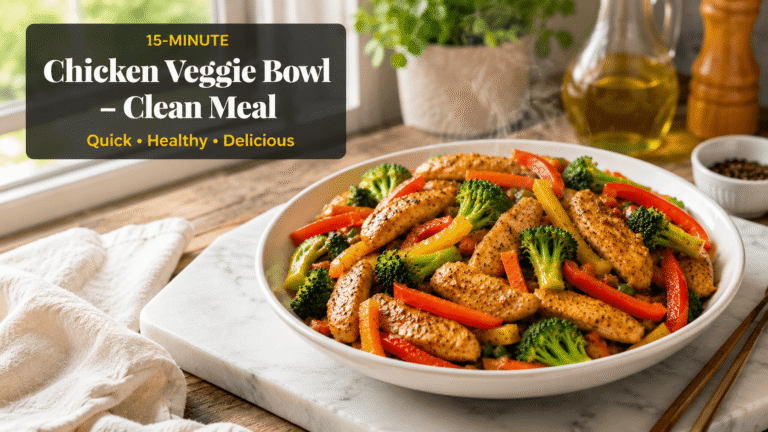 15-Minute Chicken Veggie Bowl served on a white plate with tender chicken breast, broccoli florets, carrots, and bell peppers on a marble slab in a bright natural light kitchen.
