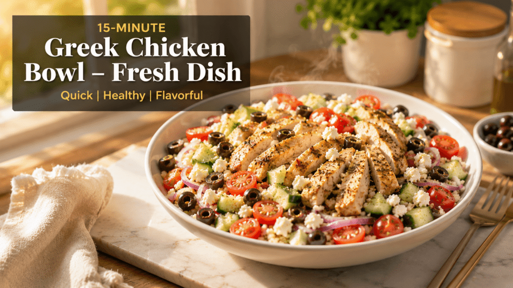 Fresh Greek Chicken Bowl with juicy sliced chicken, quinoa, cucumber, cherry tomatoes, red onion, feta cheese, and olives served on a white plate with natural daylight and restaurant-quality presentation.