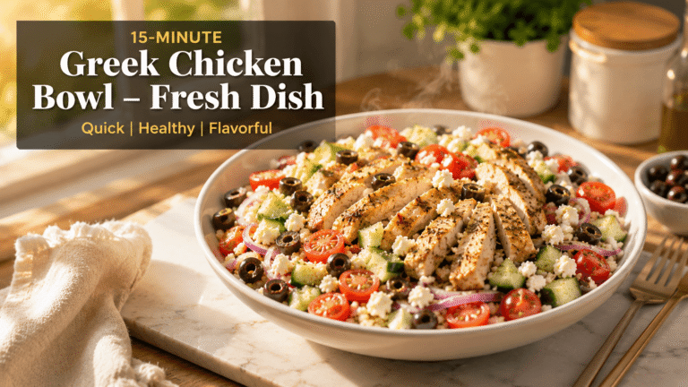 Fresh Greek Chicken Bowl with juicy sliced chicken, quinoa, cucumber, cherry tomatoes, red onion, feta cheese, and olives served on a white plate with natural daylight and restaurant-quality presentation.