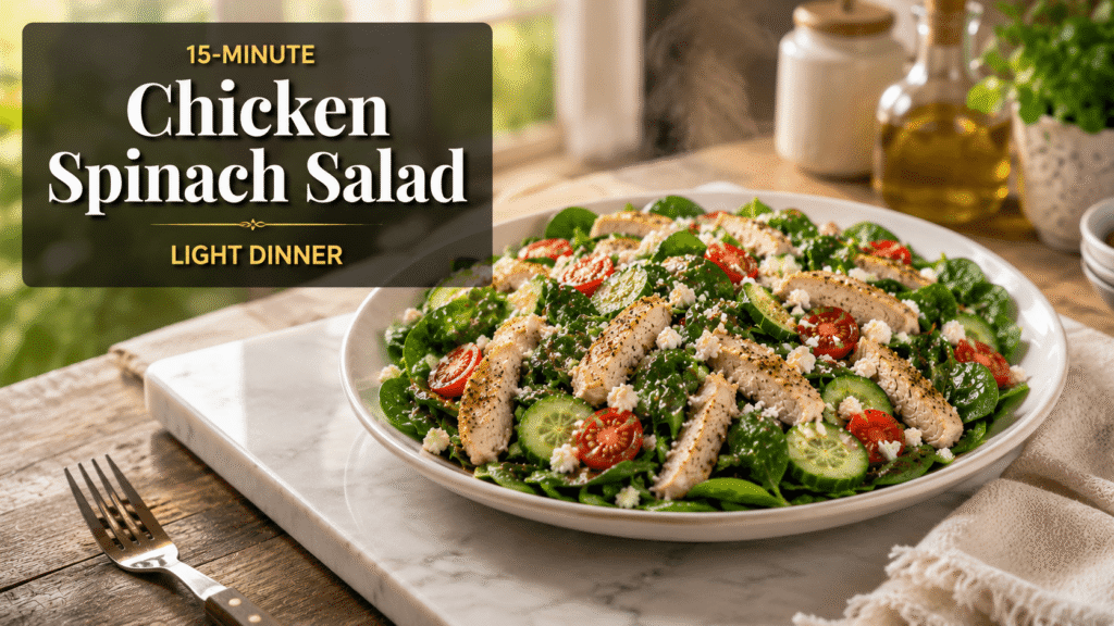 Fresh and healthy Chicken Spinach Salad with grilled chicken, spinach leaves, cucumber slices, cherry tomatoes, feta cheese, and lemon garlic dressing served on a white plate.