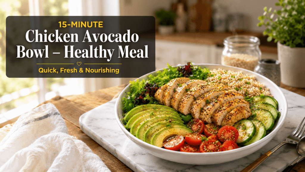 Healthy Chicken Avocado Bowl served with grilled chicken, avocado, quinoa, cucumber, cherry tomatoes, and mixed greens on a white plate in a bright modern kitchen