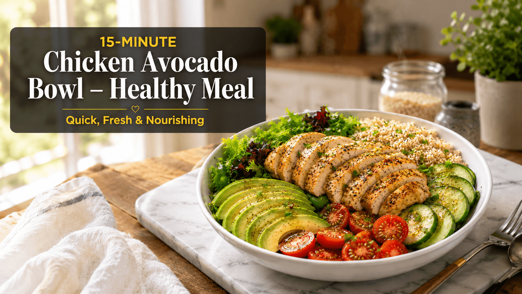 Healthy Chicken Avocado Bowl served with grilled chicken, avocado, quinoa, cucumber, cherry tomatoes, and mixed greens on a white plate in a bright modern kitchen