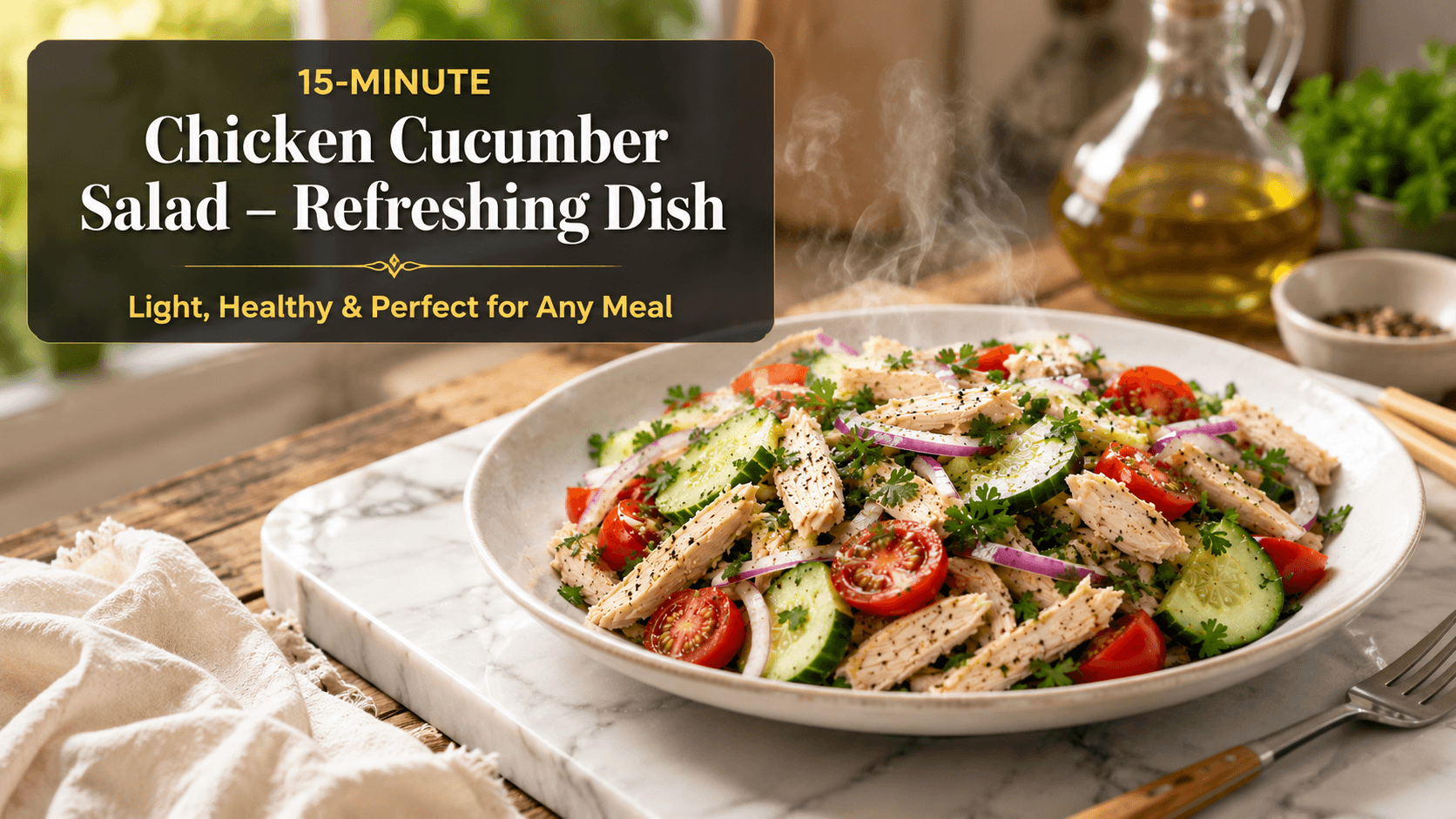 Refreshing Chicken Cucumber Salad made with cooked chicken breast, sliced cucumber, cherry tomatoes, red onion, fresh parsley, olive oil, lemon juice, garlic, salt, and black pepper served on a white plate.