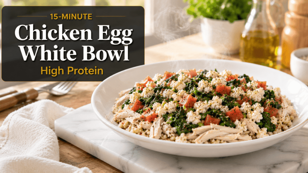 15-Minute Chicken Egg White Bowl served in a white bowl with shredded chicken, egg whites, spinach, tomatoes, and quinoa on a marble slab in a bright kitchen with natural light.