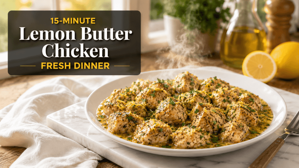 Bright feature image of 15-Minute Lemon Butter Chicken served on a white plate with glossy lemon butter sauce, parsley garnish, and warm natural kitchen lighting with elegant food blog title banner design.
