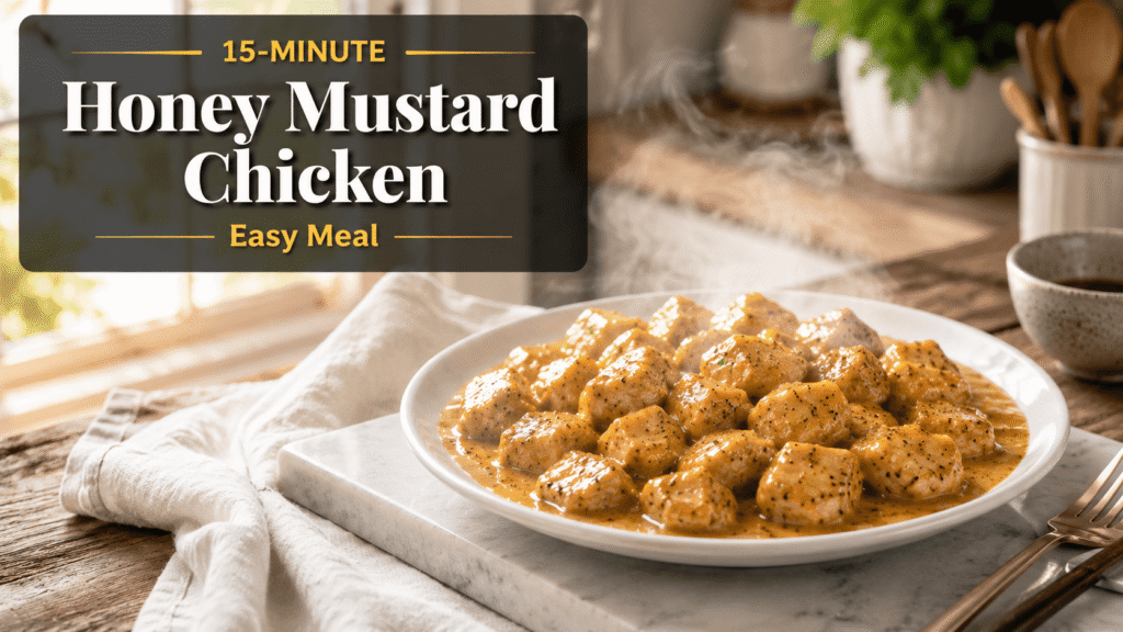 Bright feature image of creamy honey mustard chicken served on a white plate with rich glossy sauce on a marble slab in a cozy modern kitchen with steam rising and elegant food blog title design.