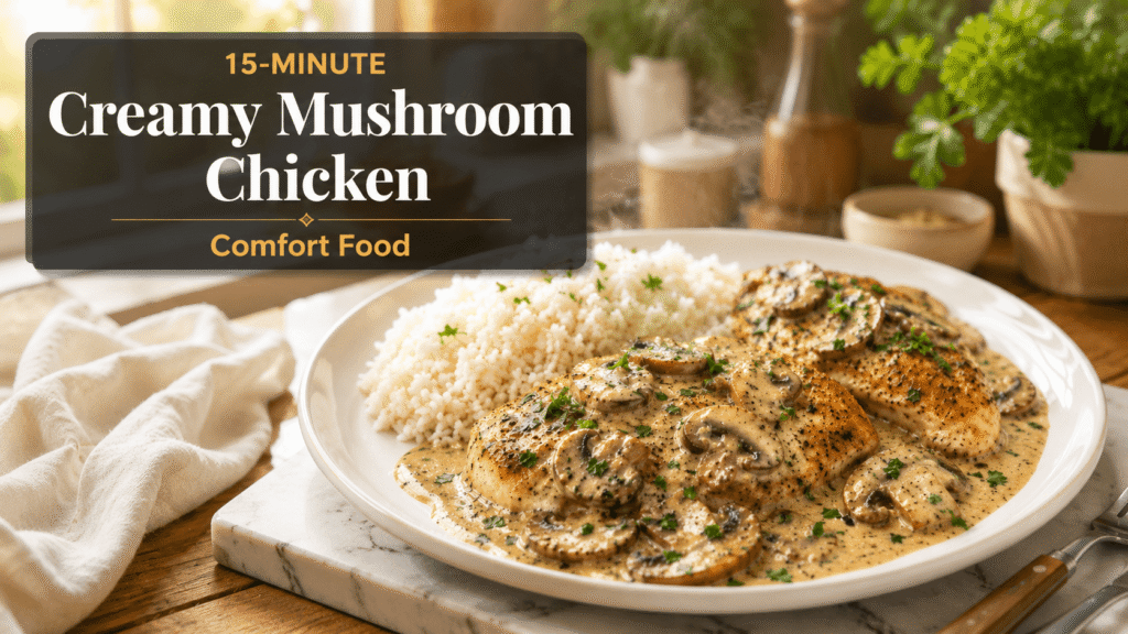 Creamy mushroom chicken served with rice on a white plate with rich parmesan garlic sauce in a bright natural light kitchen food photography scene.