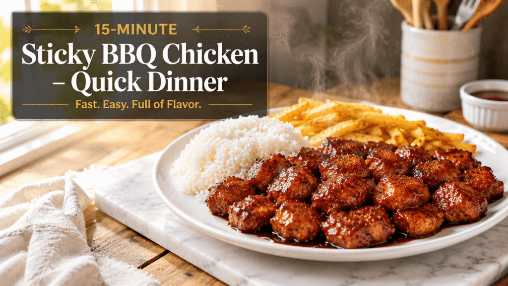 Feature image of 15-Minute Sticky BBQ Chicken served with rice and fries in a bright kitchen with elegant food blog text overlay.