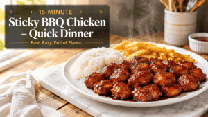 Feature image of 15-Minute Sticky BBQ Chicken served with rice and fries in a bright kitchen with elegant food blog text overlay.