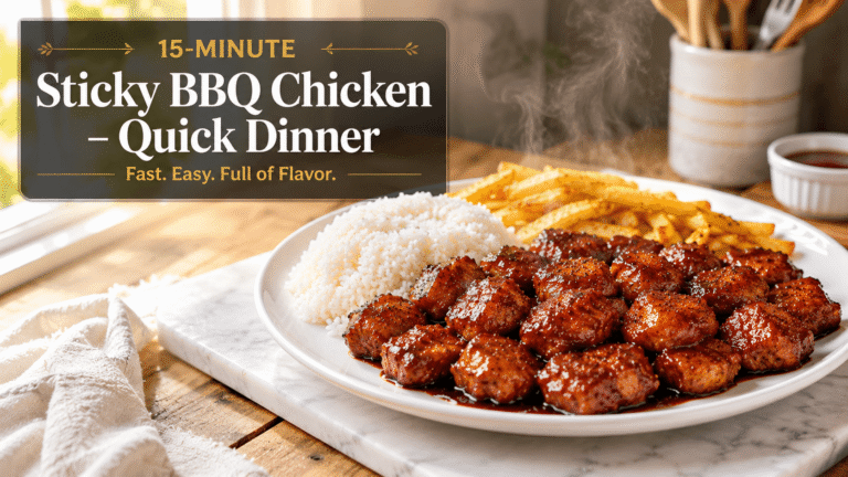 Feature image of 15-Minute Sticky BBQ Chicken served with rice and fries in a bright kitchen with elegant food blog text overlay.