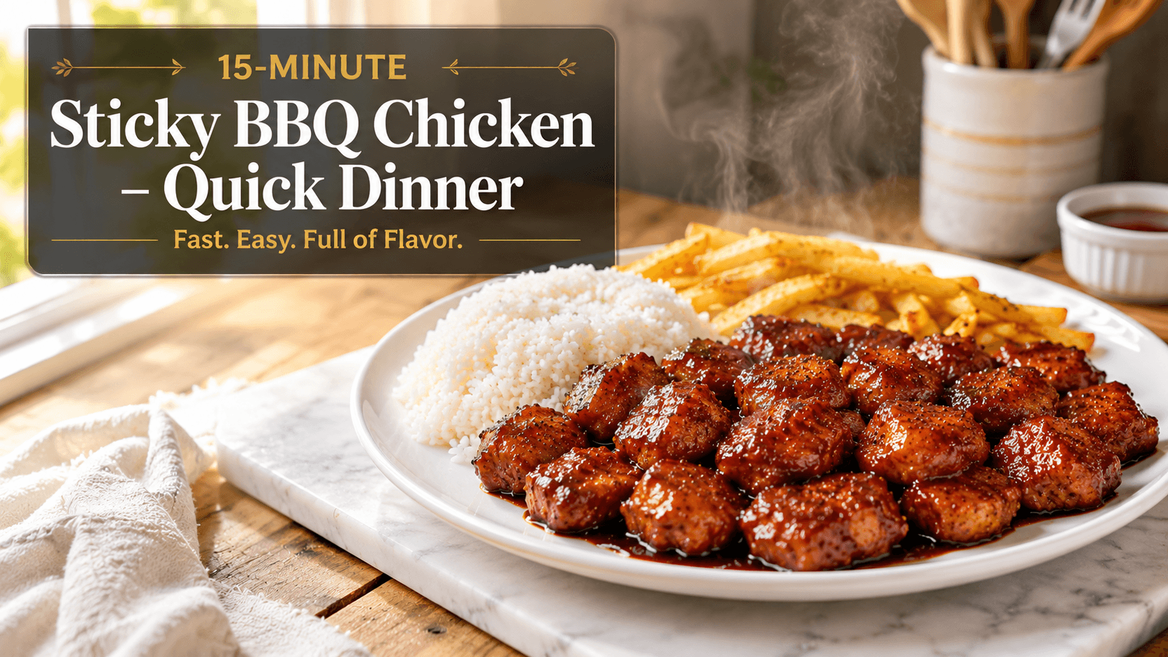 Feature image of 15-Minute Sticky BBQ Chicken served with rice and fries in a bright kitchen with elegant food blog text overlay.