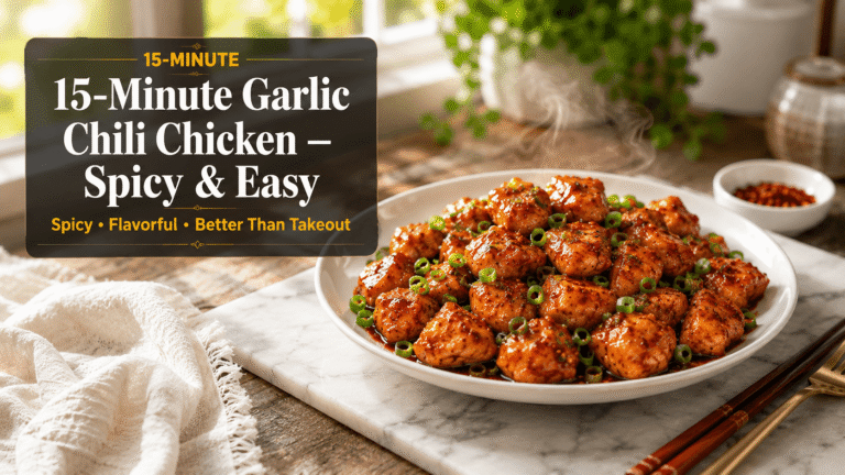 Feature image of 15-Minute Garlic Chili Chicken on a white plate with glossy spicy sauce and steam in a bright modern kitchen food blog banner design.