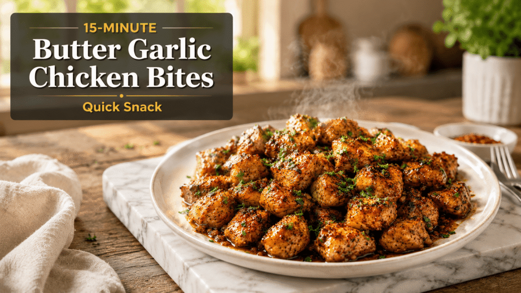 15-Minute Butter Garlic Chicken Bites on a white plate with glossy garlic butter sauce, parsley garnish, and steam rising in a bright modern kitchen setting.