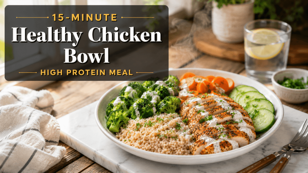 15-Minute Healthy Chicken Bowl featuring grilled chicken, brown rice, steamed broccoli, carrots, cucumber slices, and creamy yogurt dressing in a bright kitchen setting.