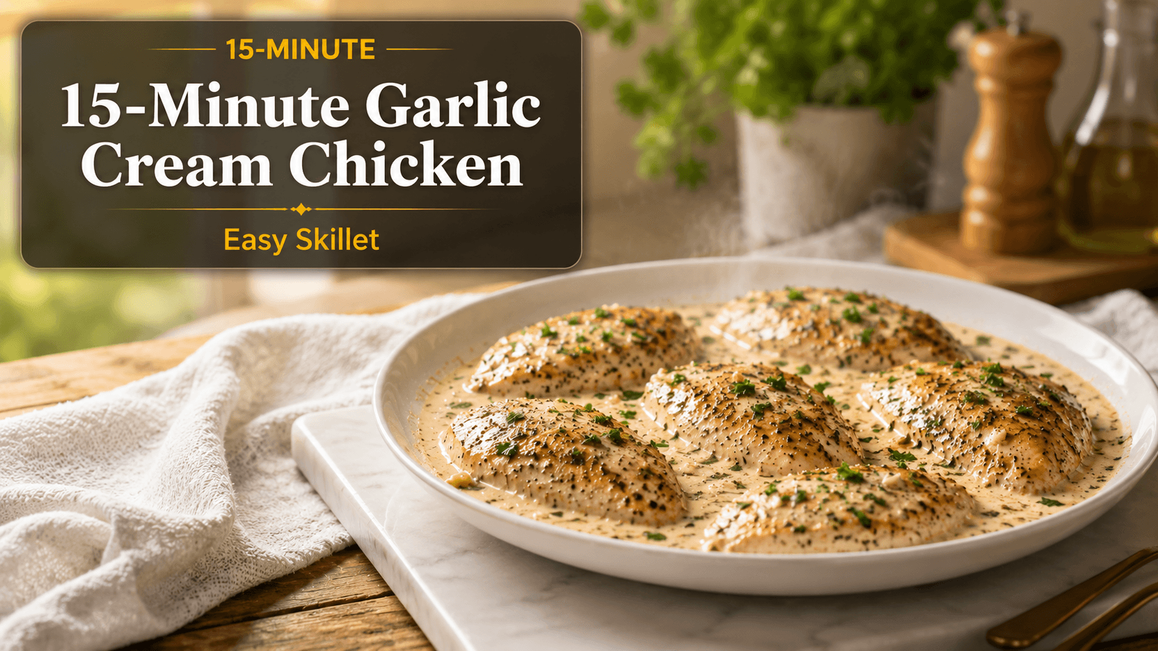 Creamy garlic chicken served on a white plate with rich parmesan sauce and parsley garnish in a bright modern kitchen with natural sunlight and elegant food blog styling.