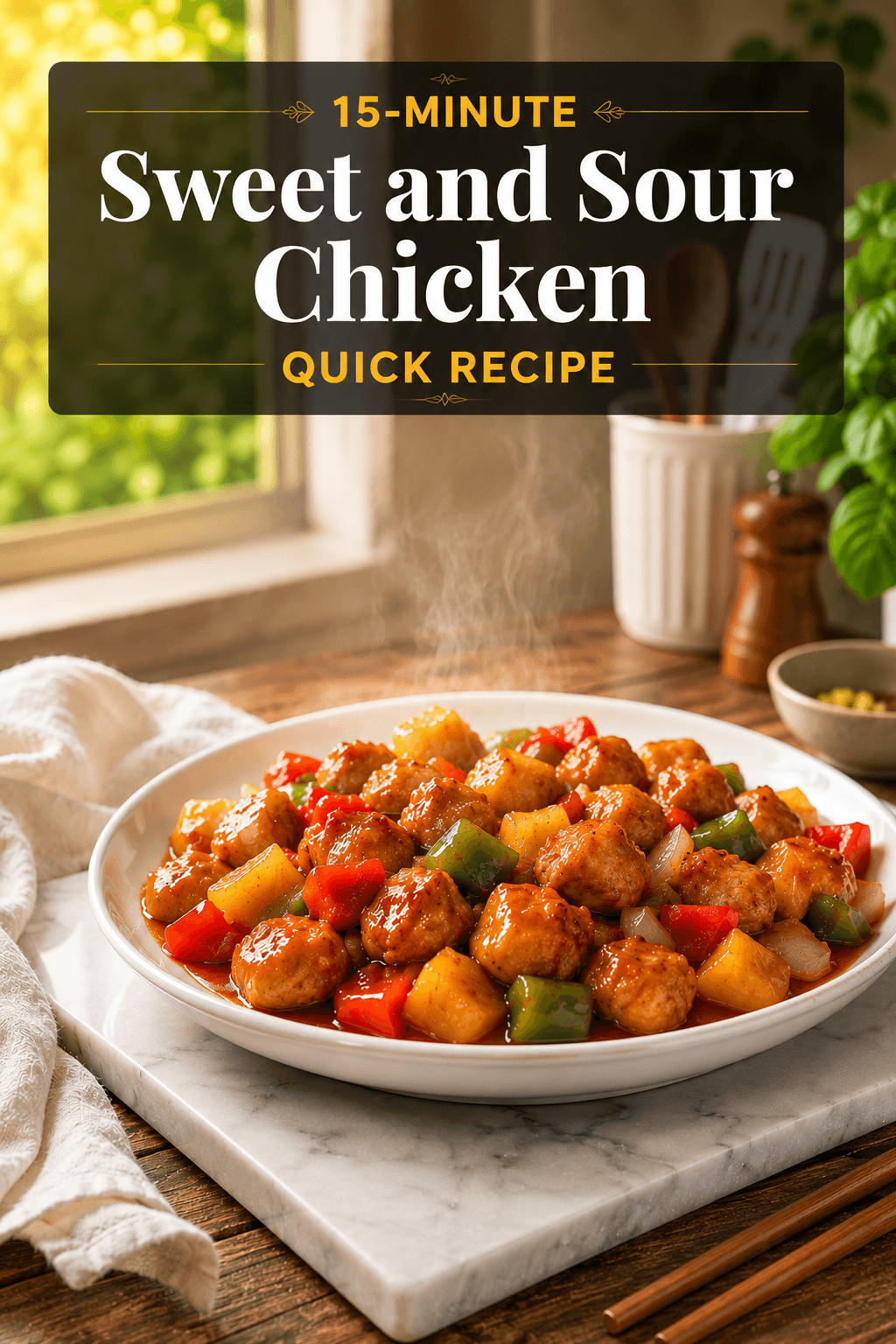 15-Minute Sweet and Sour Chicken served on a white plate with glossy sweet and sour sauce, pineapple chunks, bell peppers, onions, and tender chicken pieces in a bright modern kitchen with elegant food blog text overlay