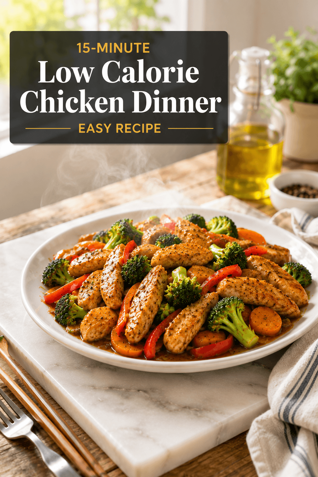 15-Minute Low Calorie Chicken Dinner served on a white plate with juicy chicken strips, broccoli, bell peppers, and carrots in a light soy lemon sauce, bright natural kitchen lighting, healthy easy dinner recipe