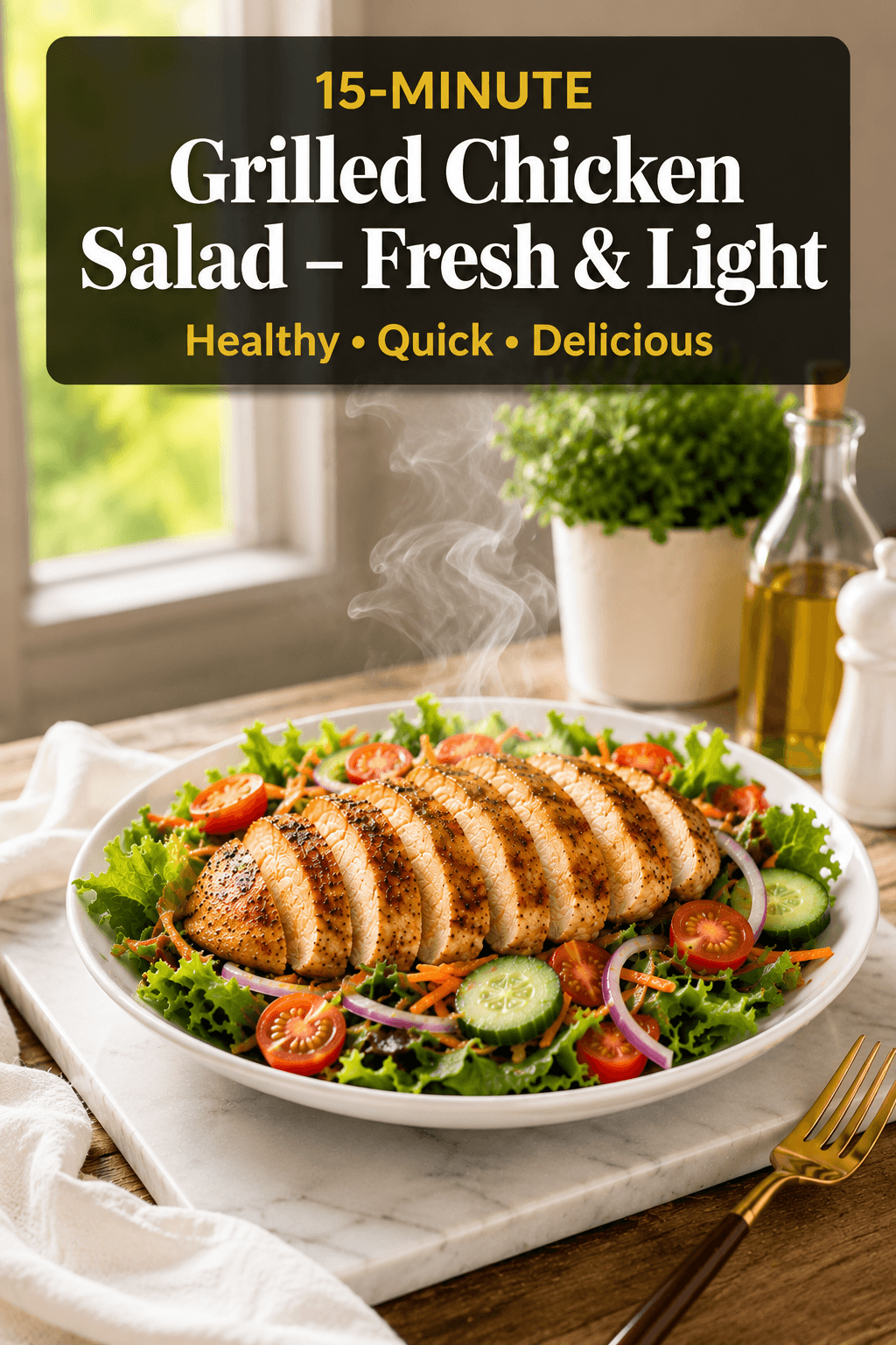 15-Minute Grilled Chicken Salad Fresh and Light Pinterest pin featuring sliced grilled chicken breast over crisp mixed greens, cherry tomatoes, cucumber, red onion, shredded carrots, and lemon dressing in a bright modern kitchen