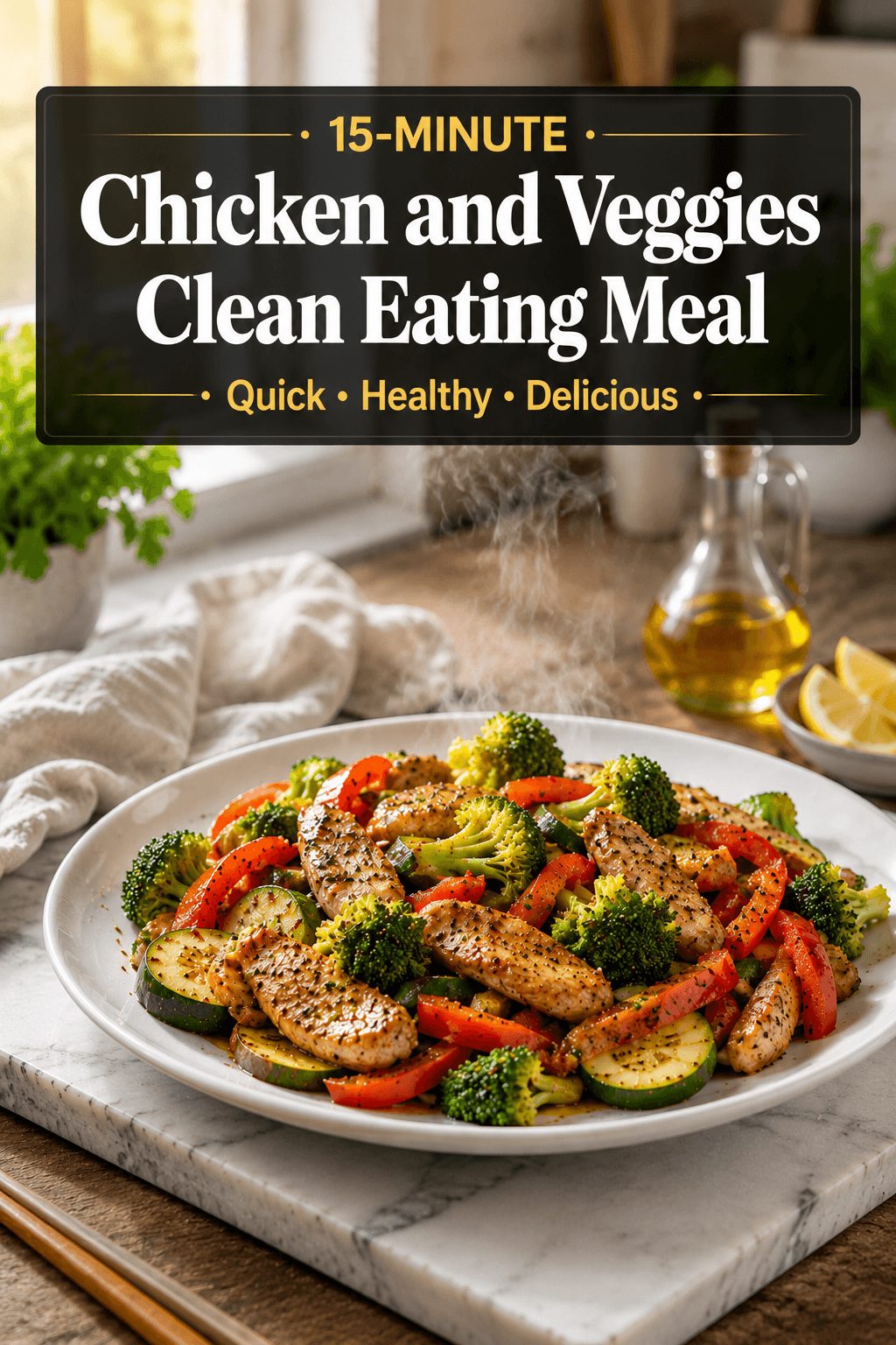 15-Minute Chicken and Veggies Clean Eating Meal served on a white plate with juicy chicken strips, broccoli, bell peppers, and zucchini in a bright modern kitchen, healthy high-protein dinner recipe