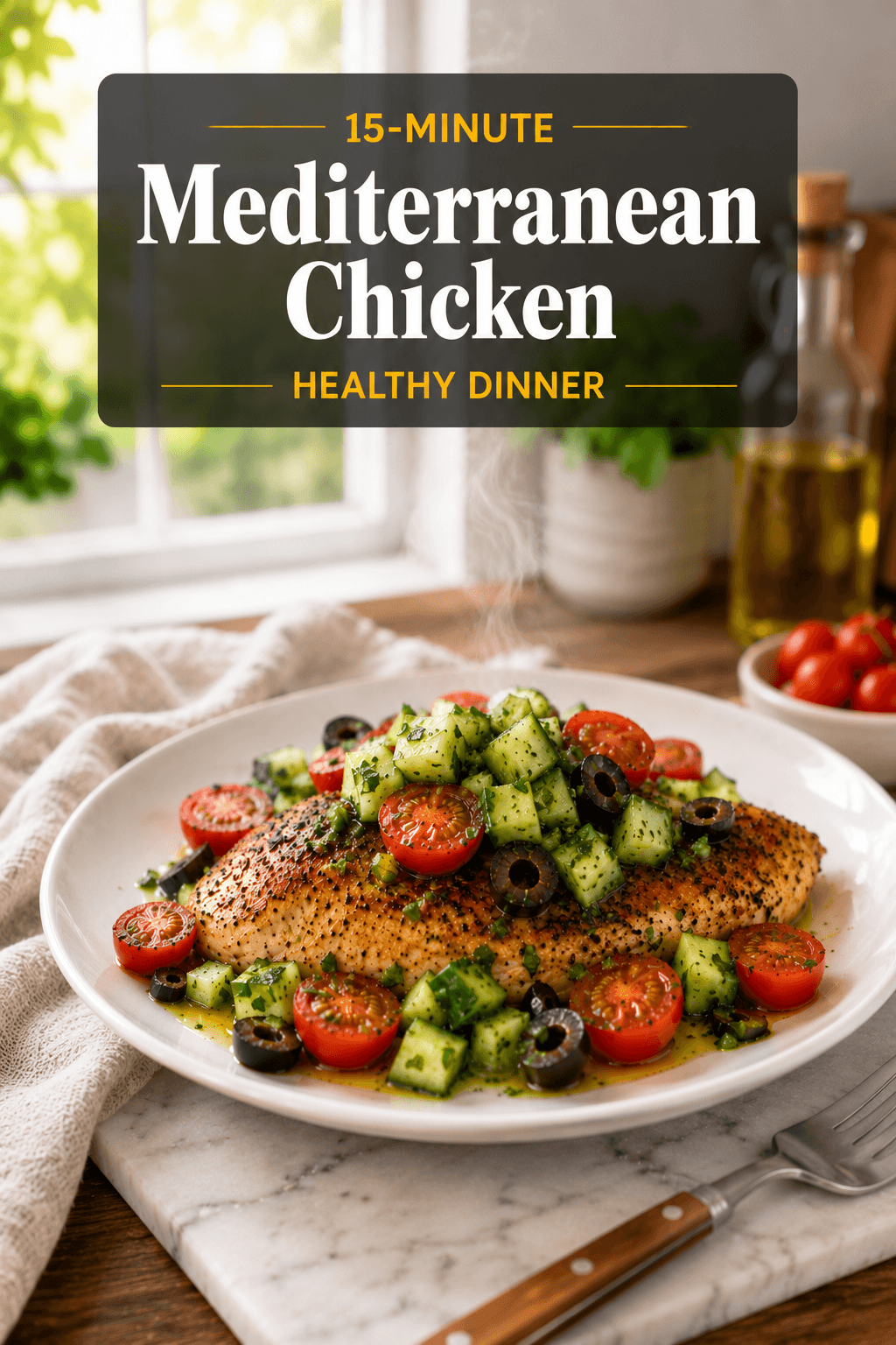 15-Minute Mediterranean Chicken healthy dinner with juicy seasoned chicken breast topped with fresh cucumber parsley salad, cherry tomatoes, and black olives served on a white plate in a bright modern kitchen