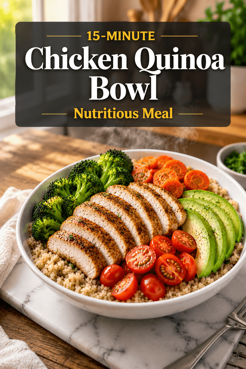15-Minute Chicken Quinoa Bowl with grilled chicken, quinoa, broccoli, carrots, avocado, and cherry tomatoes in a healthy high-protein meal bowl