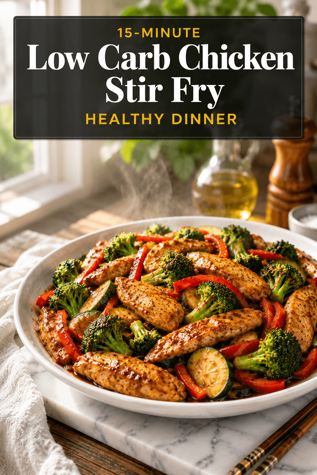 15-Minute Low Carb Chicken Stir Fry served on a white plate with broccoli, red bell peppers, zucchini, and juicy chicken in a glossy savory sauce, bright natural light food blog poster.
