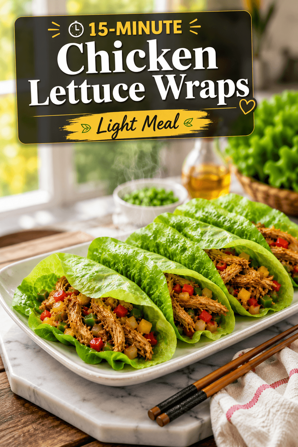 15-Minute Chicken Lettuce Wraps โ Light Meal served on a white plate with crisp lettuce leaves filled with shredded chicken, colorful bell peppers, and onions, photographed in a bright modern kitchen with natural daylight and food blog style typography.