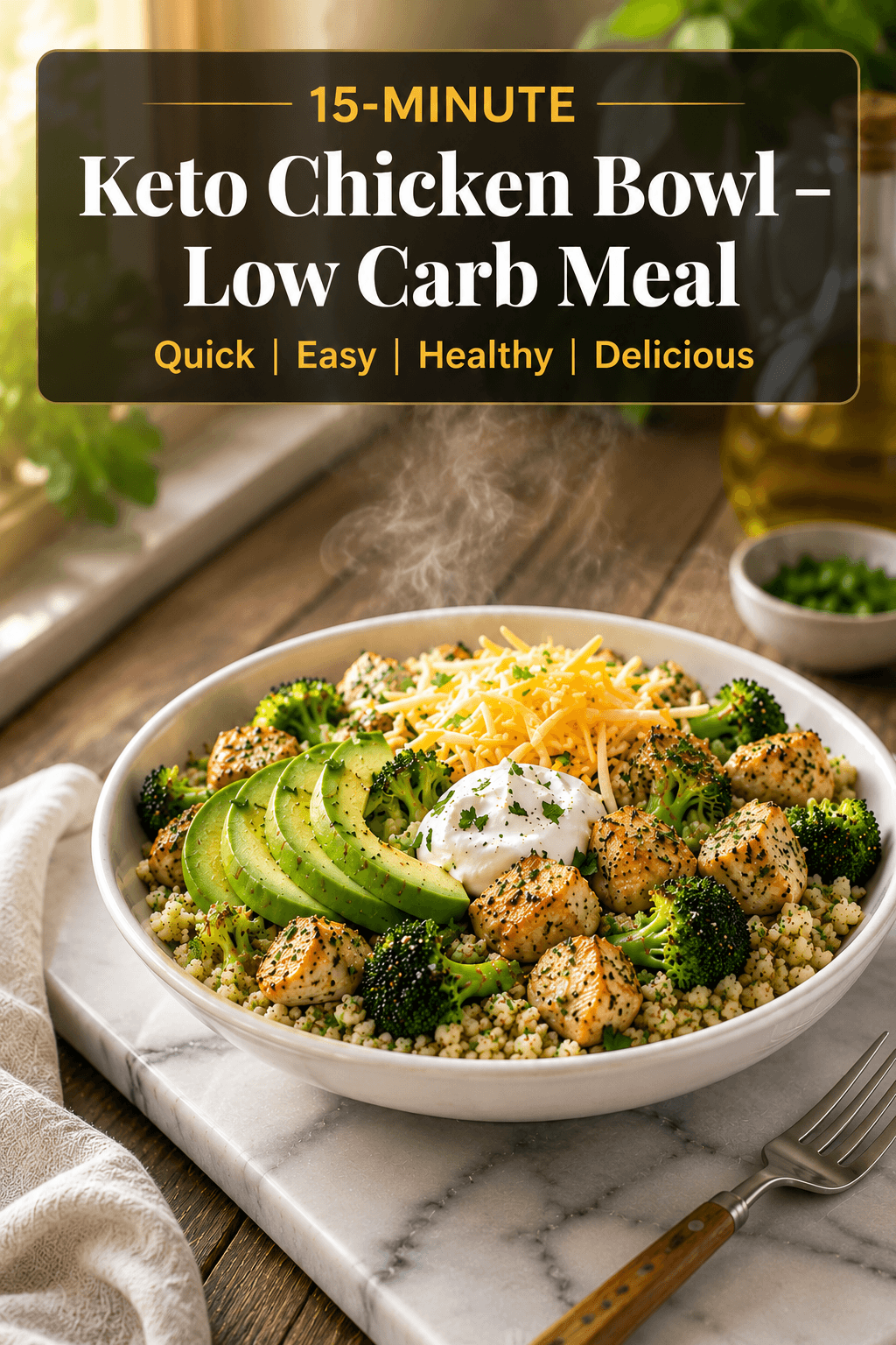 15-Minute Keto Chicken Bowl with juicy seasoned chicken, cauliflower rice, broccoli, avocado slices, shredded cheese, and sour cream served in a healthy low carb bowl under bright natural kitchen lighting.